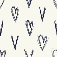 Seamless vector doodle hearts and check mark elements pattern. Chaotic hand drawn lines background. For fabric, textile, wrapping, cover etc.