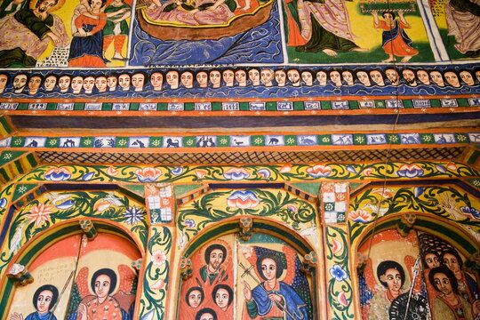 Murals in the beautifully painted Inner Sanctuary of the Christian Church of Ura Kedane Meheriet, Zege Peninsula, Lake Tana, Ethiopia, Africa