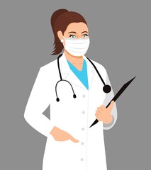 Fototapeta premium Confident Female Doctor illustration vector. Woman doctor wearing mask. Nurse`s uniform and stethoscope. Woman nurse Vector flat illustration. Professional female nurse wear medical uniform