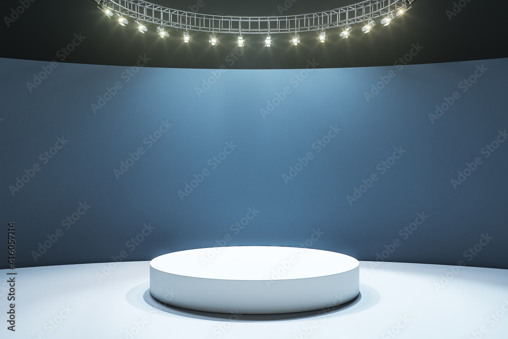 Poster white round podium on light floor in empty hall with dark wall and led lights