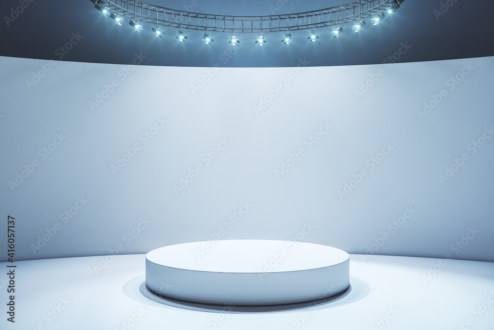 Poster white round podium in empty stylish hall with light wall and floor and led lights on top