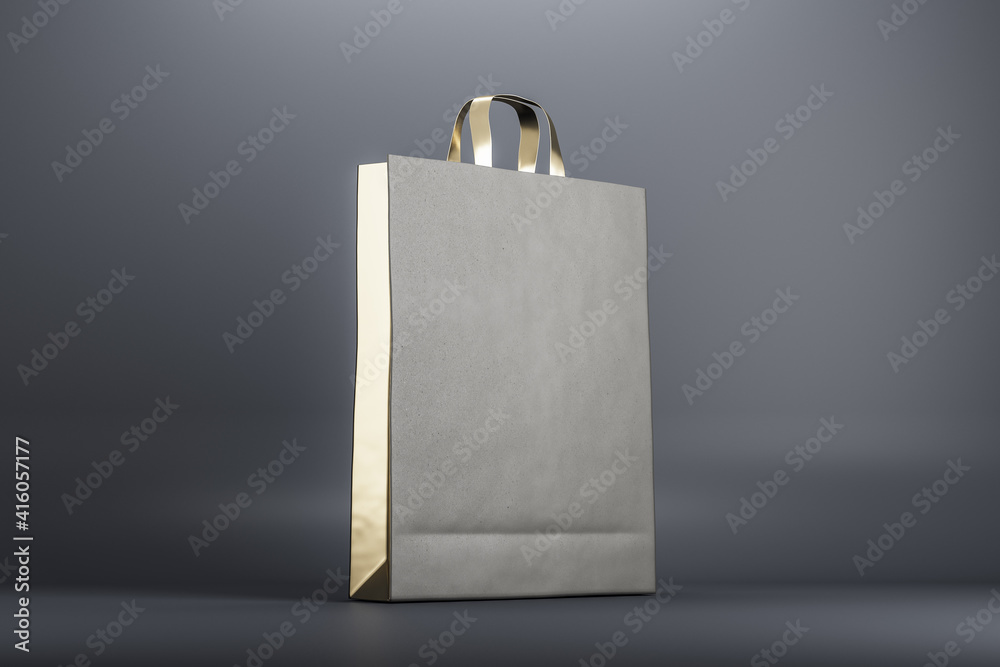 Poster eco friendly recycled paper bag with golden elements at abstract grey background. mock up