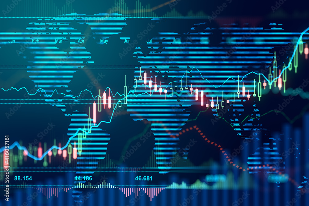 Poster investment and business concept: digital screen with glowing financial graphs and diagram at abstrac