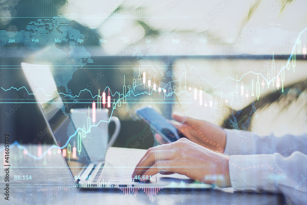 Poster Online stock market concept with man typing on laptop keyboard and digital screen with forex graphs and candlestick