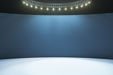 Empty hall room with dark blank wall, white floor and led light on top. Mockup