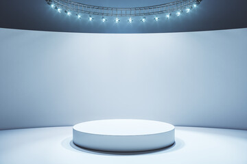 White round podium in empty stylish hall with light wall and floor and led lights on top