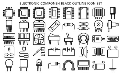 most used black outline Electronic and electrics icons. chipset symbols, include resistors, capacitors, transformers, diodes, batteries. vector EPS 10