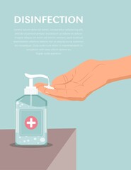 Banner of Clean Your Hands. Hand sanitizer. Personal hygiene. Using antiseptic gel to clean hands and prevent germs. Applying a moisturizing sanitizer. Disinfection, Antibacterial Vector illustration
