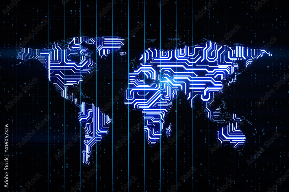 Aufkleber Big data digital communication concept with microcircuit world map at abstract squared background