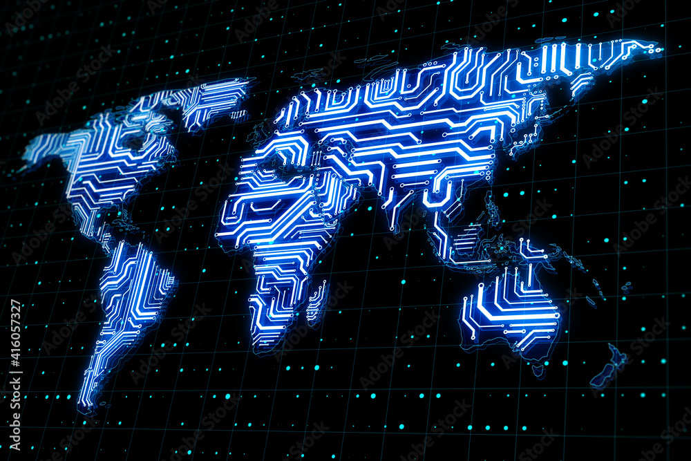 Poster Worldwide internet and big data concept with glowing microchip world map at abstract technology background