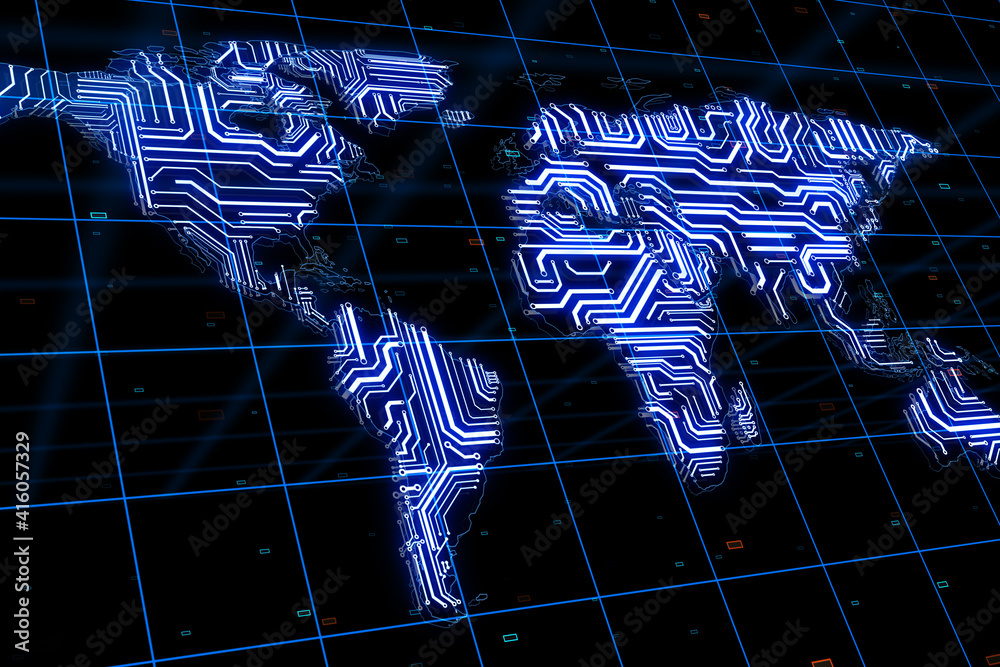 Poster Worldwide big data concept with microcircuit world map scheme at abstract dark background