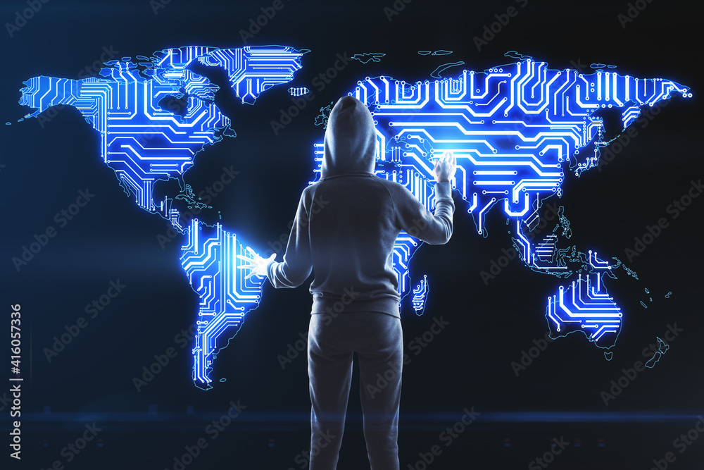 Poster World big data protection concept with hacker back and digital screen with world map as one microchip