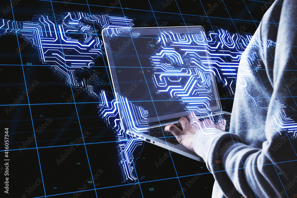 Aufkleber Private information protection concept: hacker typing on laptop keyboard and microcircuit world map scheme at background