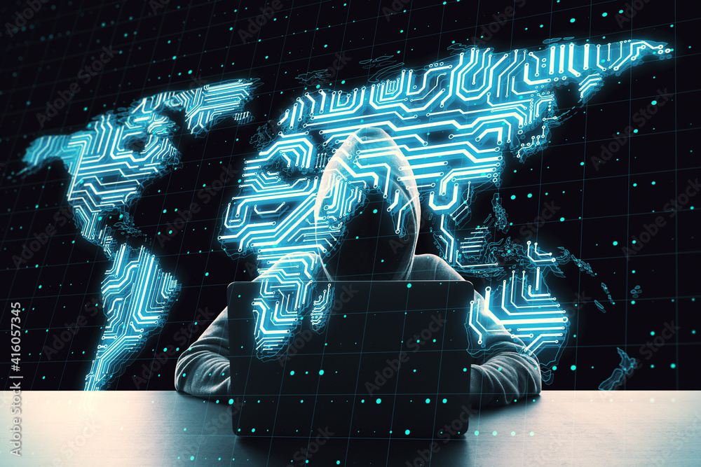 Aufkleber Hacker attack concept with noface hacker working on laptop and digital world microchip map at dark background
