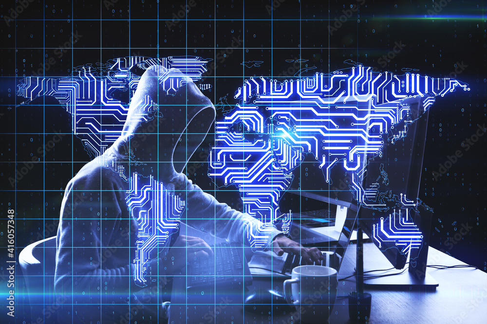 Aufkleber Global hacker attack concept with coding noface hacker and digital microchip world map at programming screen background