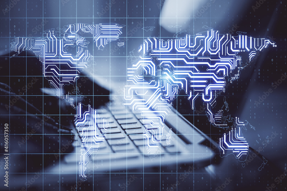 Poster big data concept with human hand typing on laptop keyboard ans abstract digital microchip world map