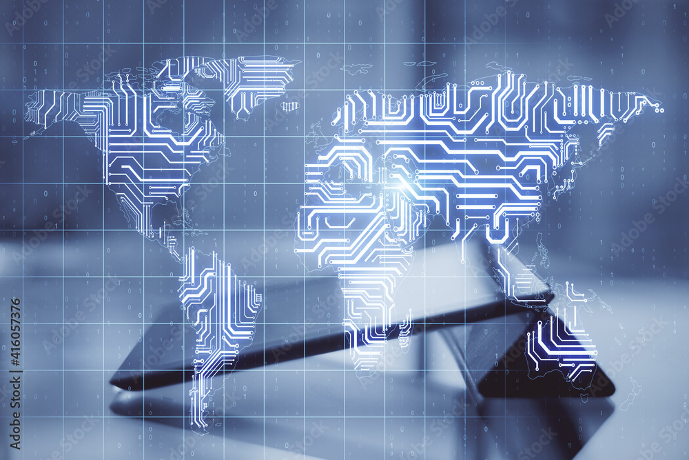 Aufkleber Big data analysis market with digital tablet on table and abstract microcircuit worl map scheme