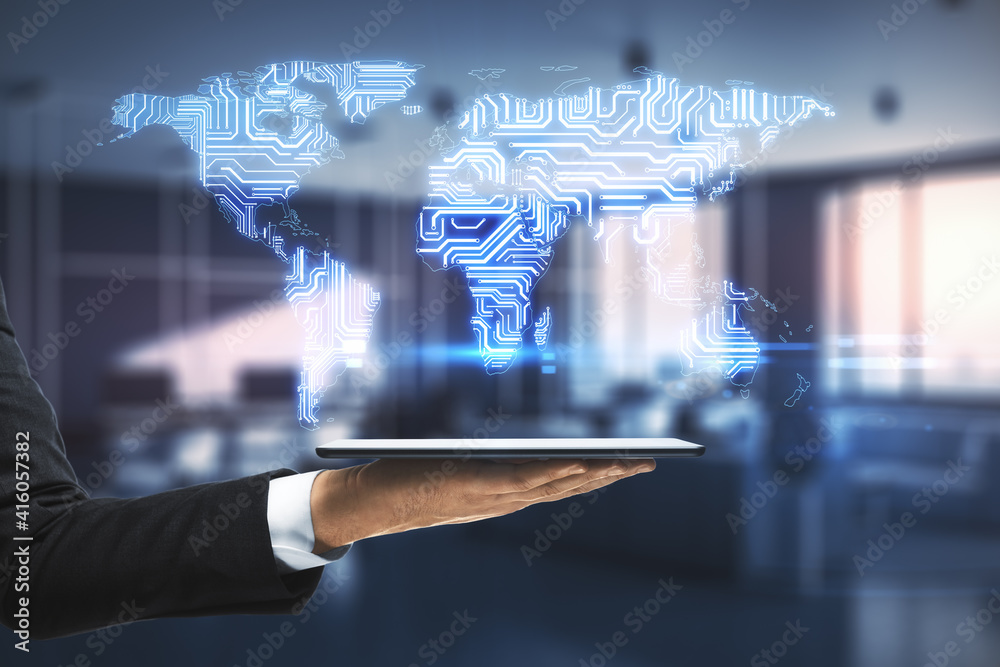 Poster Big data business with digital microchip world map scheme above businessman hand with digital tablet at office background