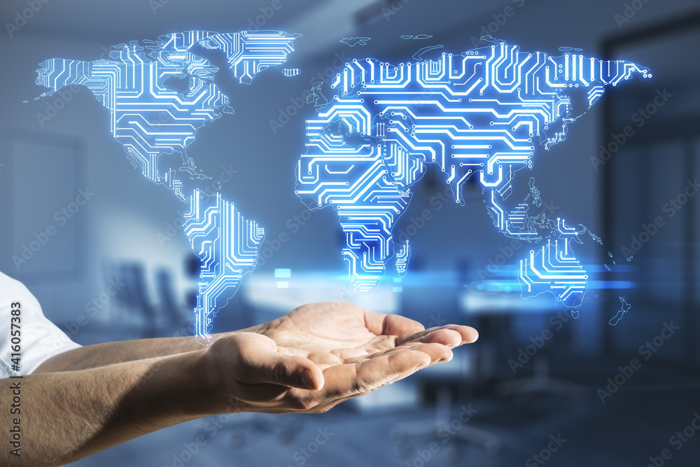 Aufkleber Big data concept with opened man hands at office background and digital glowing microchip world map scheme