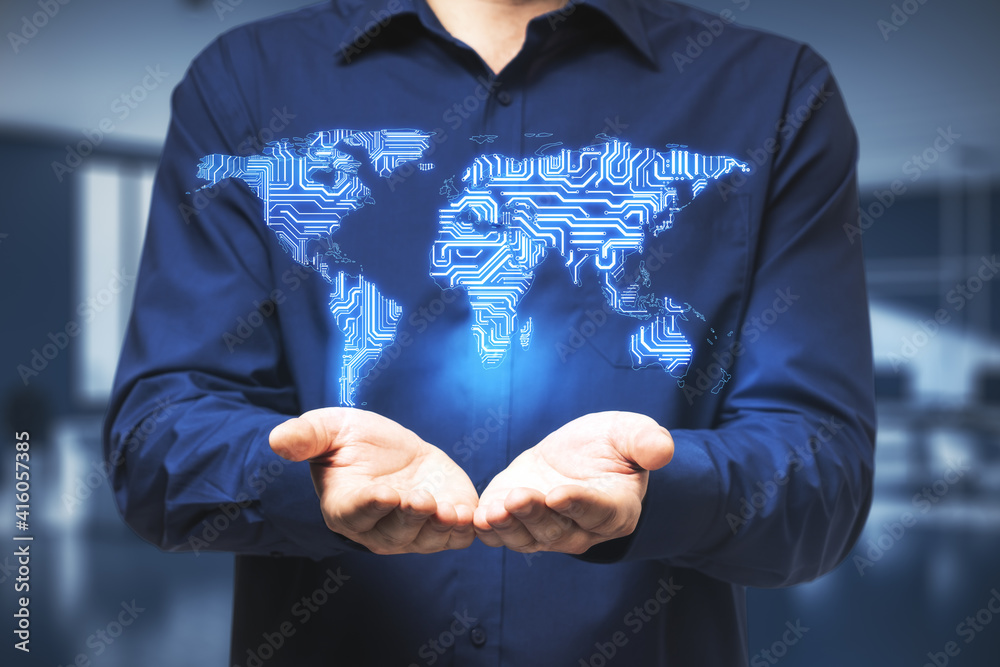 Aufkleber big data technology concept with businessman hands and digital microchip world map above