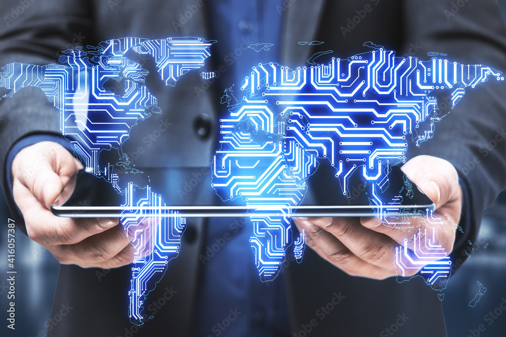 Poster worldwide business concept with microchip world map scheme at businessman with digital tablet backgr