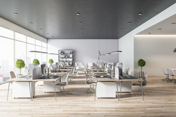 Minimalistic style open space office interior with light furniture, light walls, grey top and cozy workplaces
