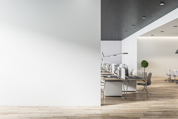 Blank light grey wall in sunny open space office with wooden floor and eco style furniture. Mockup © Who is Danny