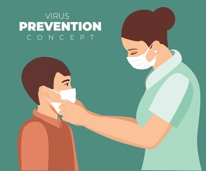 Fototapeta premium Mother putting on face mask on her child boy for protection against coronavirus infection. Little boy and mom in medical mask. Child wearing face mask to protect from virus, vector illustration