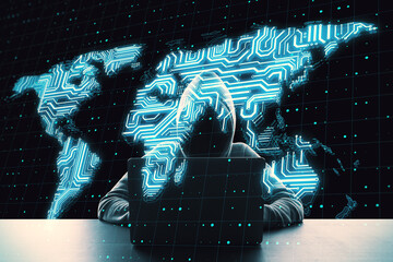 Hacker attack concept with noface hacker working on laptop and digital world microchip map at dark background