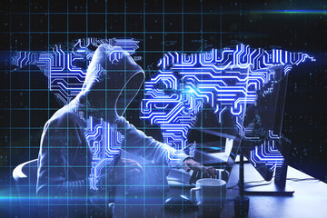 Global hacker attack concept with coding noface hacker and digital microchip world map at programming screen background