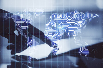 Man finger touching digital tablet screen and digital display with world map scheme. Big data analysis concept