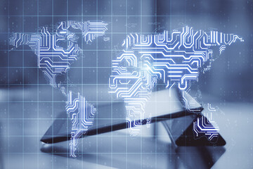 Big data analysis market with digital tablet on table and abstract microcircuit worl map scheme