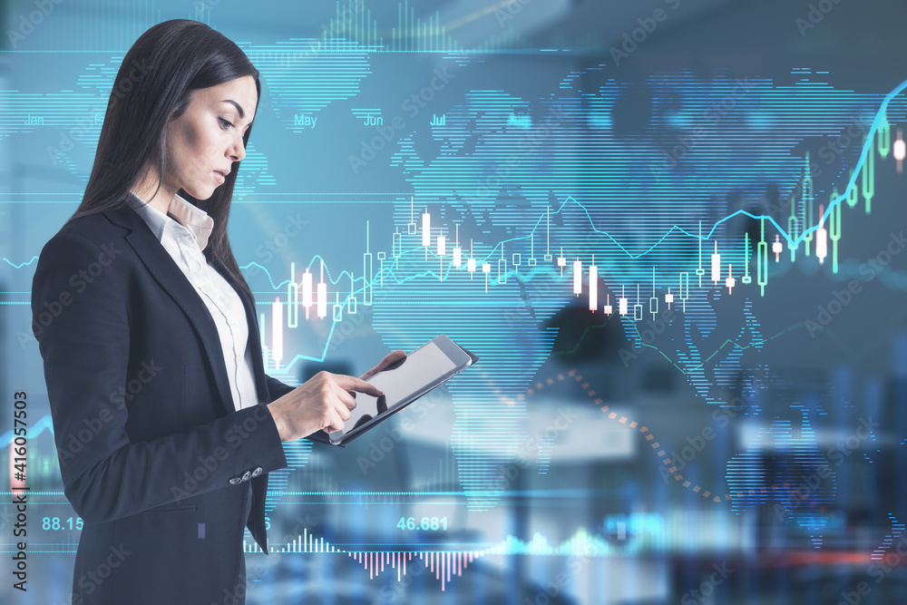 Poster stock market analysis concept with businesswoman checking trading results using digital tablet at fi