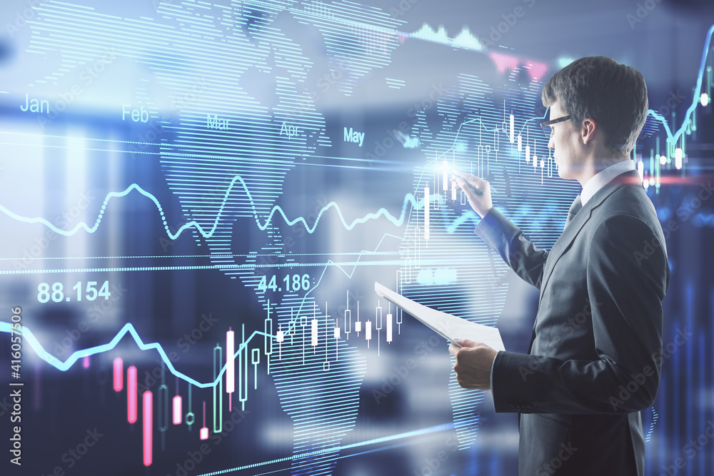 Poster trading analysis concept with businessman writing on digital display with stock market graphs, finan