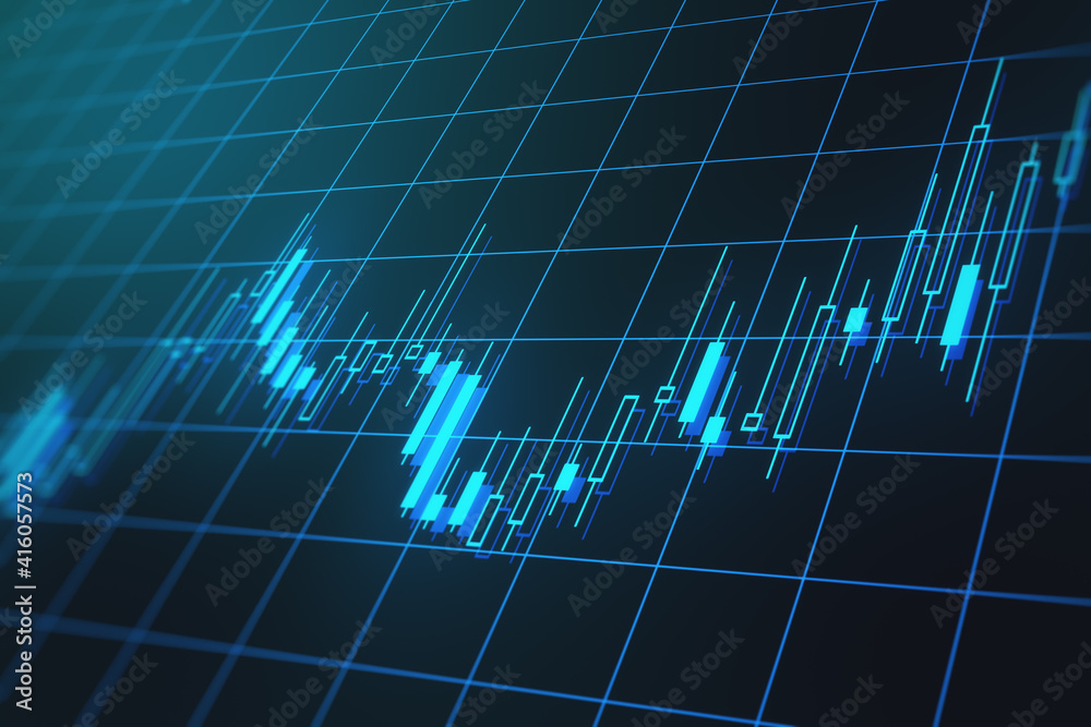 Poster forex chart on digital screen with glowing candlestick at squared background