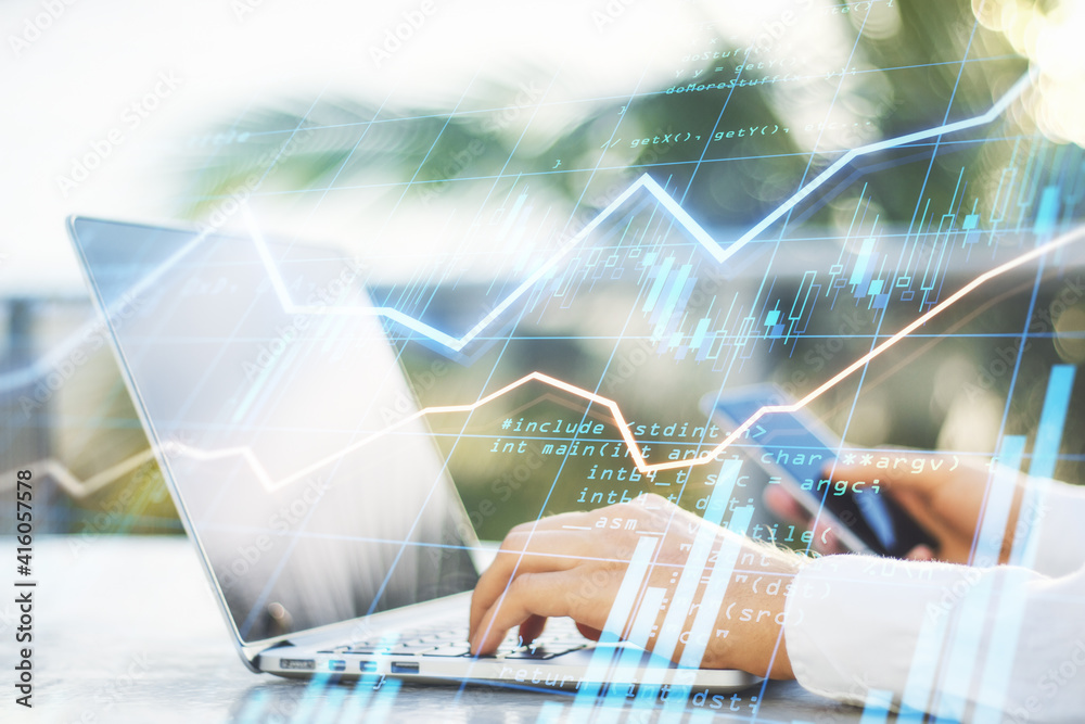 Poster world stock market concept with businessman using laptop and smartphone and digital screen with fore