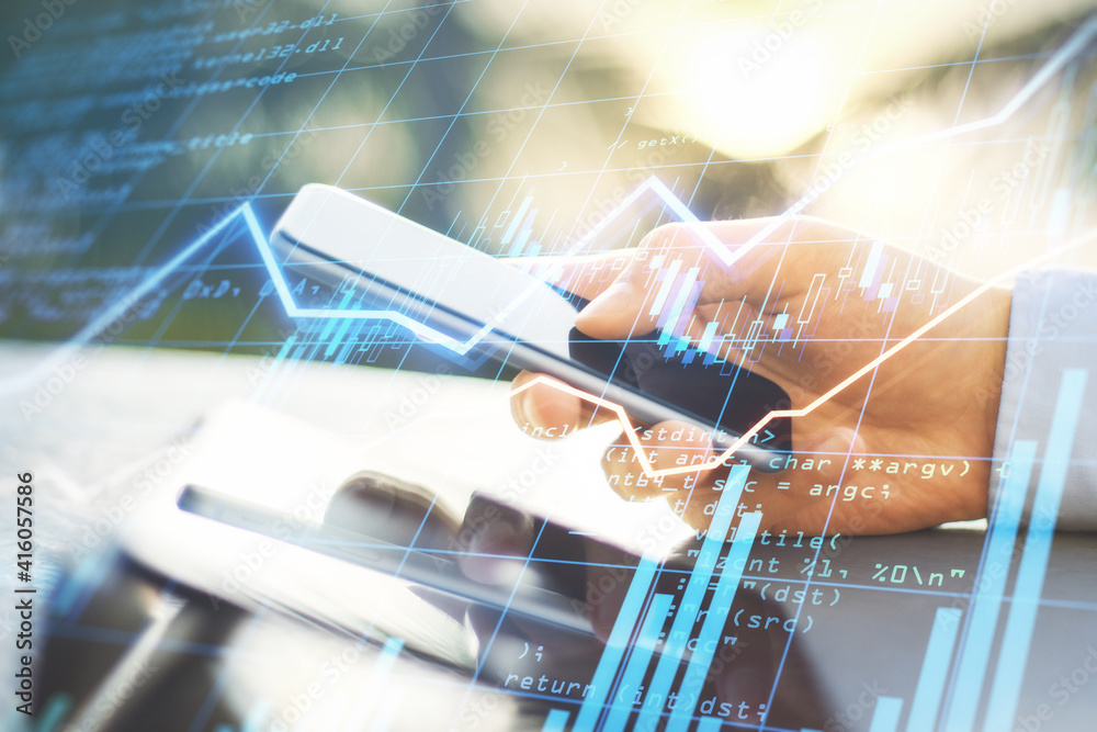 Poster Trading business online with businessman hand using smartphone and digital display with financial graphs and stock data