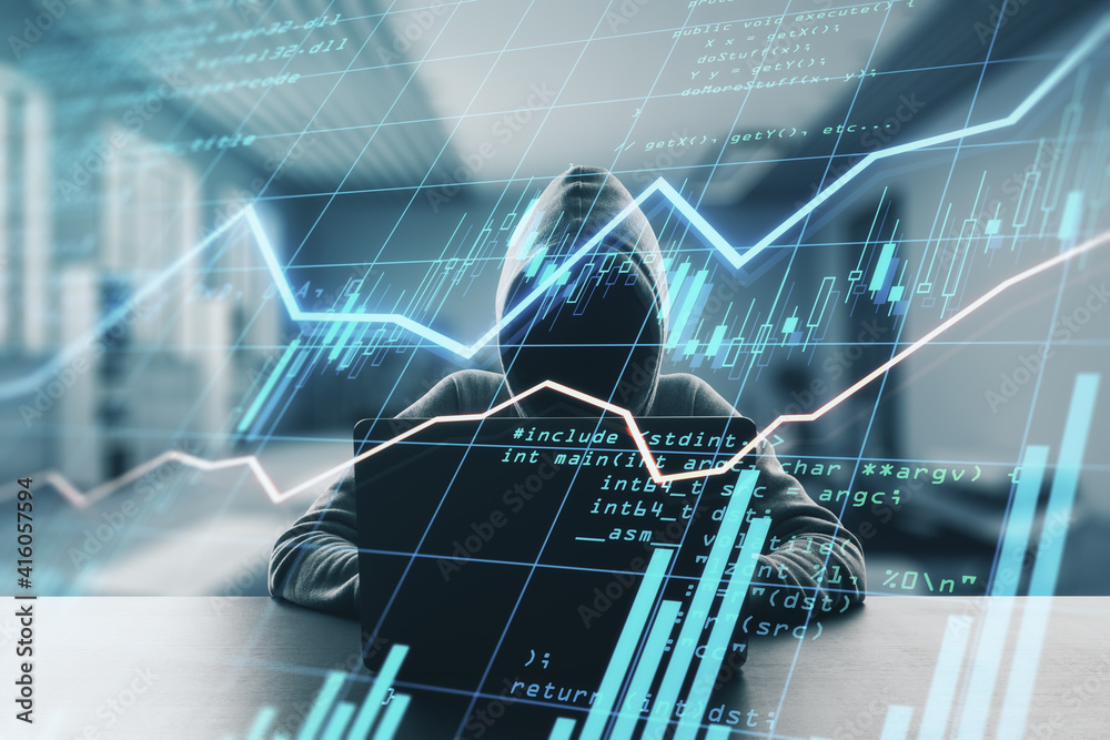 Aufkleber Trading security and spying concept with noface hacker using laptop an digital display with financial graphs and forex chart