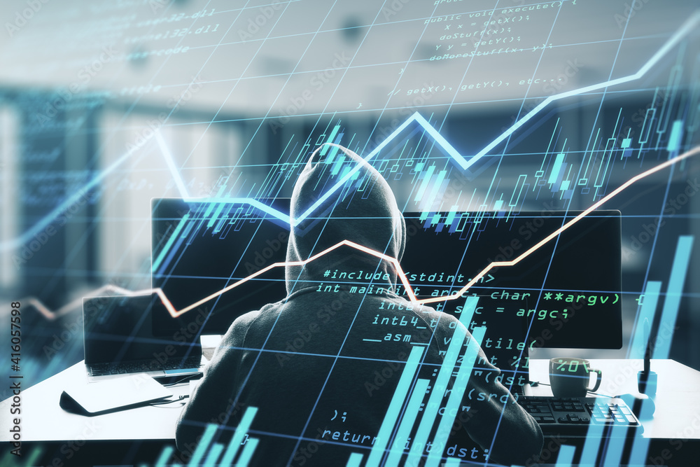 Poster Investment security concept with hacker back with computers and digital display with financial graphs and candlestick