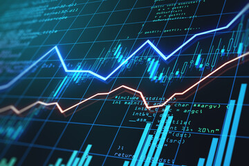 Stock market screen with glowing growing financial diagram and candlestick