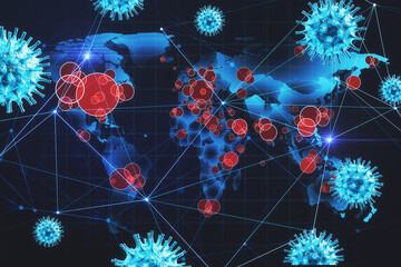 Digital world map with infected areas by red spots, coronavirus molecules connected by lines