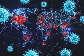 Digital world map of spreading covid-19 virus by countries and coronavirus molecules connected by glowing lines and red dots
