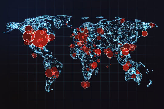 Digital world map with hearts of spread COVID-19 virus by red spots