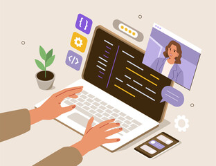 Character Developing new Software on Laptop.  Developer Programming, Coding Program Code and Having Video Chat with Colleague. Development Process Concept. Flat Isometric Vector Illustration.