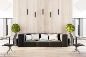 Cozy and stylish waiting area in sunny modern eco style office with wooden wall and floor