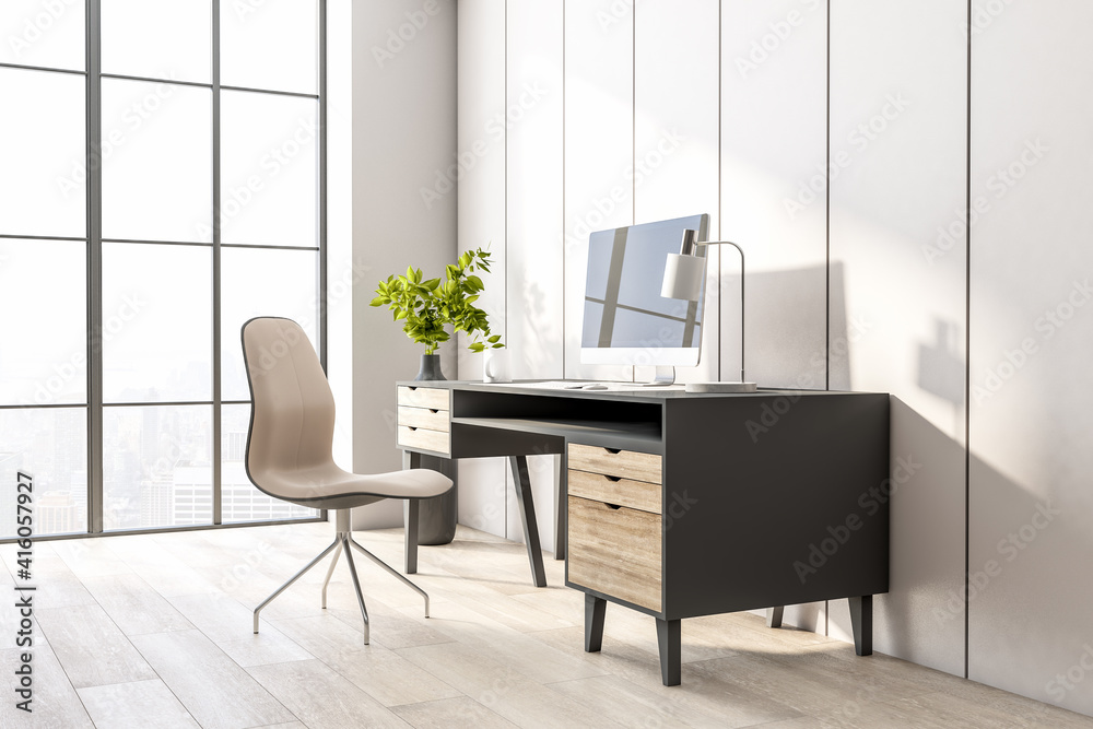 Poster side view on modern cozy workplace at home with wooden floor and table, big window and comfortable c