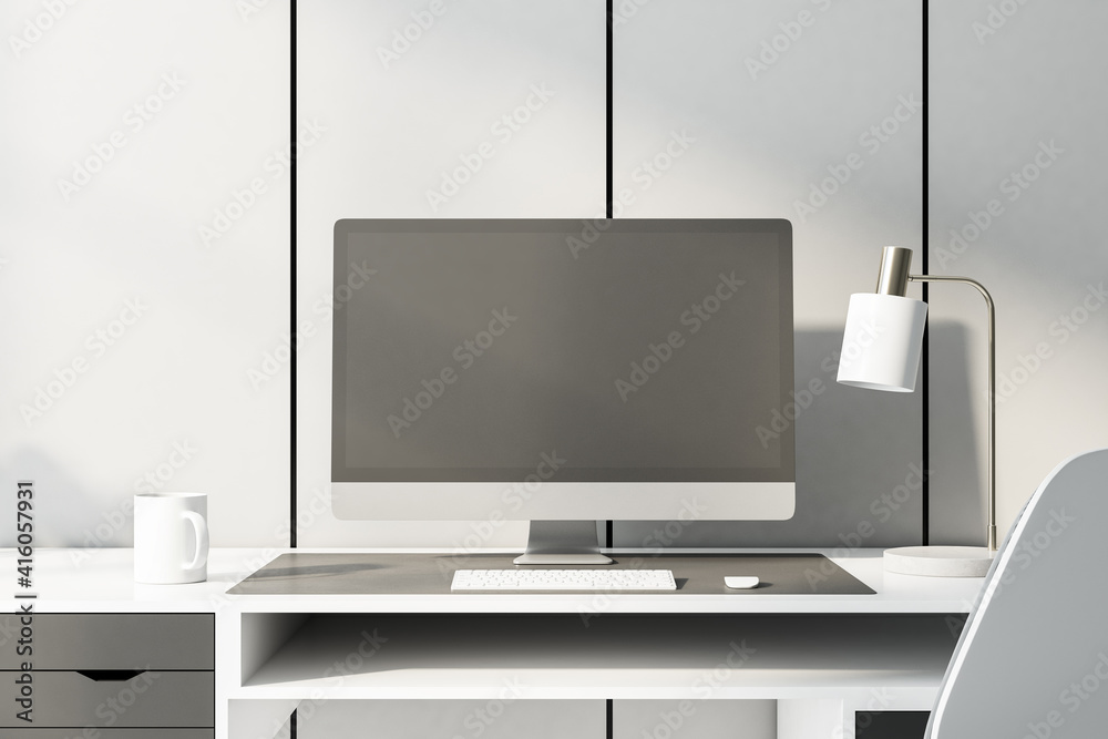Poster monochrome style home workplace with blank computer monitor on white table at light wall background.