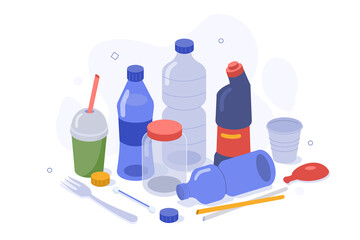 Bottles, Cups,  Drinking Straws, Cotton Swabs and other Plastic Trash. Plastic Pollution Problem and Plastic Waste Segregation Concept. Flat Cartoon Vector Illustration.
