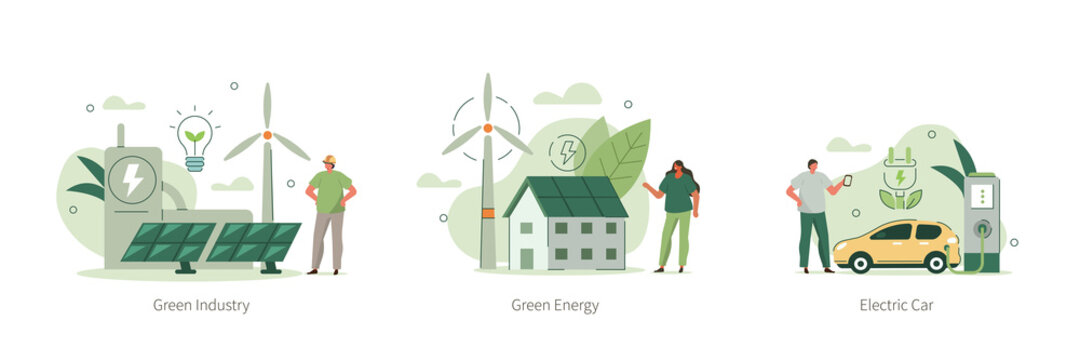 Modern Eco Private House with Windmills and Solar Energy Panels, Electric Car near Charging Station, Green Industrial Factory with Renewable Energy.  Flat Isometric Vector Illustration and Icons Set.