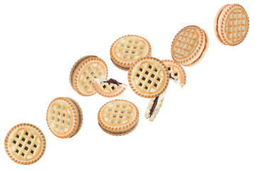 Falling cookies wtih chocolate isolated on white background with clipping path